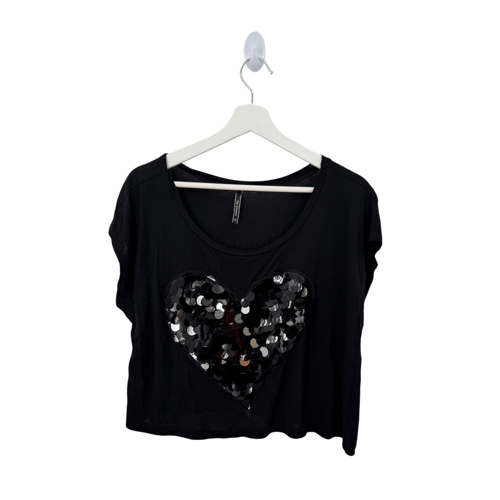 The Classic Top Womens M Black Sequin Heart Crop SS0917 Boxy Rayon Made in USA